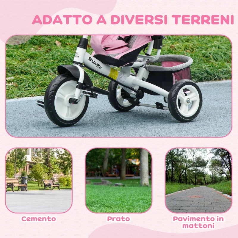 HOMCOM Triciclo per Bambini 1-5 Anni con Maniglione e Tettuccio Regolabile, 102x49x102 cm, Bianco e Rosa