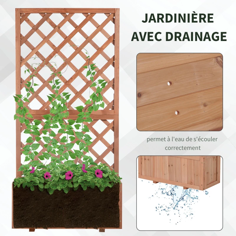 Outsunny Jardinière avec Treillis - bac à Fleurs - jardinière sur Pied - dim. 72,5L x 31,5l x 149,5H cm Inserts d'irrigation Inclus Bois Sapin pré-huilé