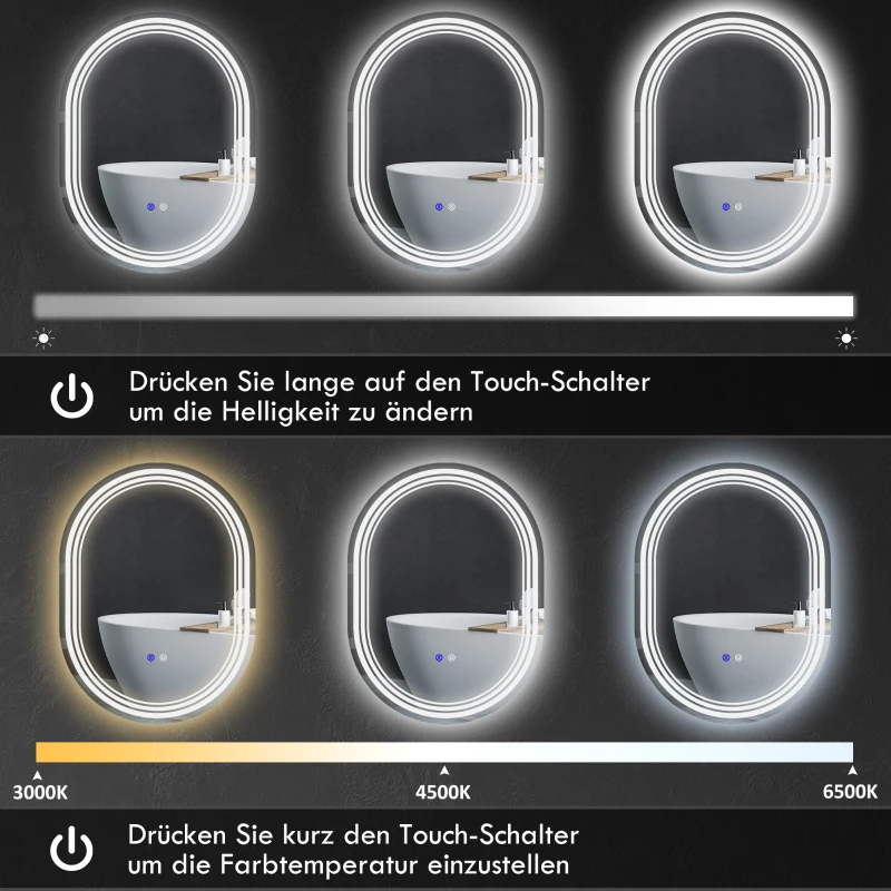 kleankin Badezimmerspiegel Badspiegel, Antibeschlagfunktion, LED-Lichter, 70 cm x 50 cm x 3 cm, Silber + Weiß