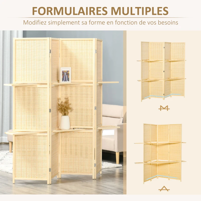HOMCOM Paravent séparateur de pièce closion de séparation pliable 4 panneaux avec 2 étagères 180 x 180 cm naturel