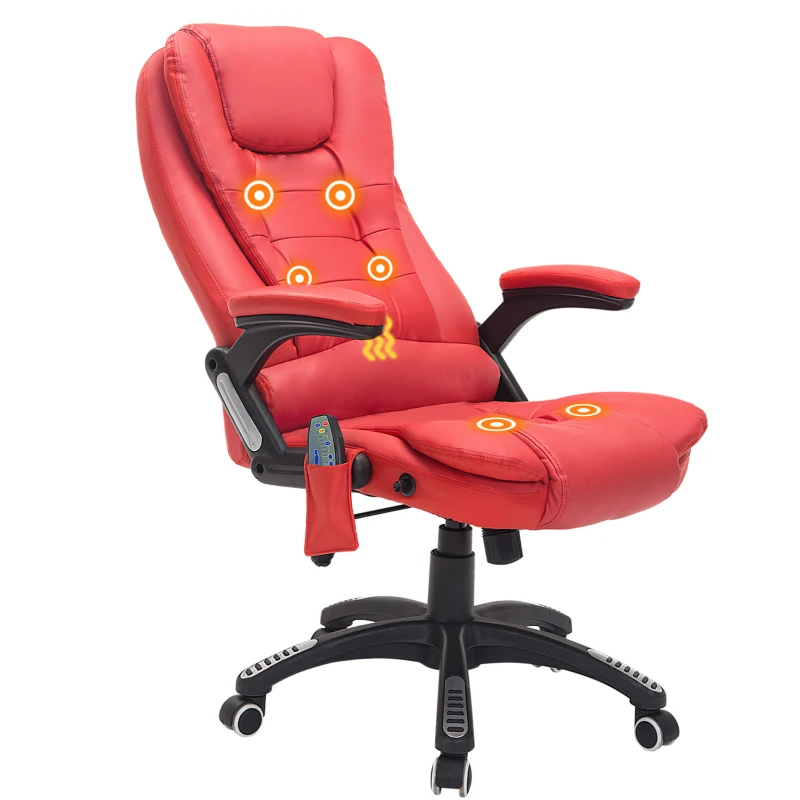 HOMCOM Silla de Oficina y Escritorio Regulable en Altura Reclinable 135° y Función Basculante Con Calefacción y Función Masaje con 5 Programas y 6 Puntos Vibratorios 62x68x111-121cm Hasta 120kg Rojo