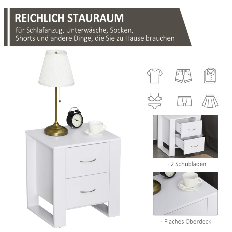 HOMCOM Nachttisch mit 2 Schubladen Modern quadratisch mit Griff erhöhter Basis Melaminbeschichtet Schlafzimmer Aufbewahrungsmöbel Nachttisch organisiert Weiß 48 x 39 x 54 cm