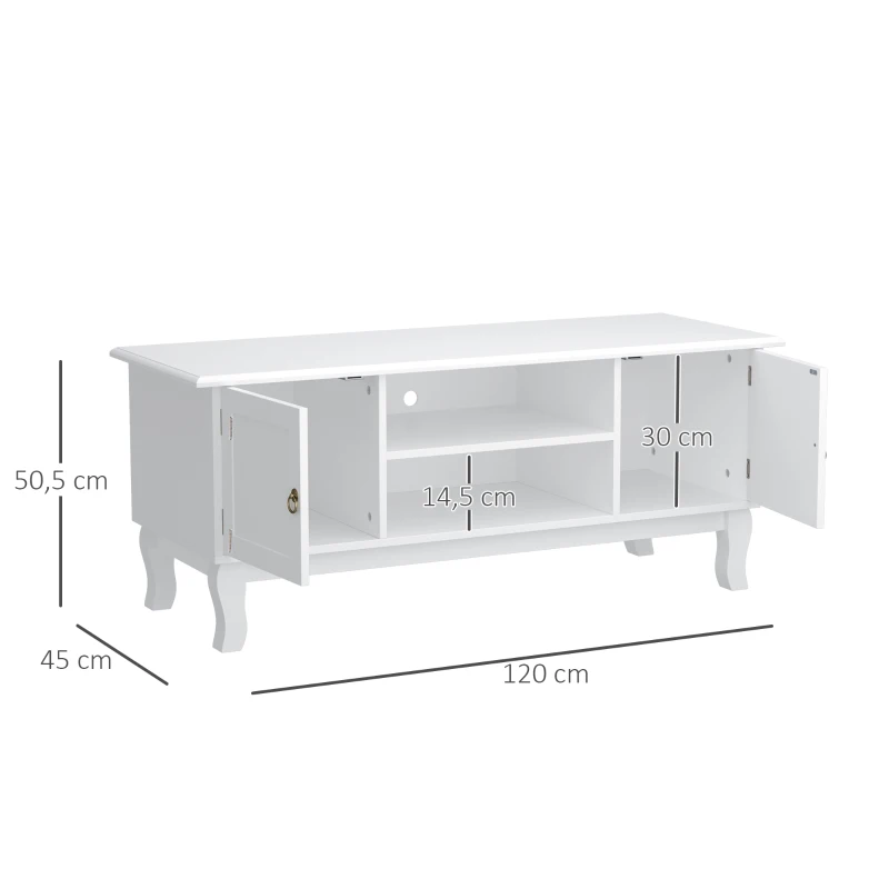 HOMCOM TV Lowboard Fernsehtisch mit 2 Regale und 2 Schränke Fernsehschrank Holzfüße für Fernseher bis zu 50" Wohnzimmer MDF Weiß 120x45x50,5 cm