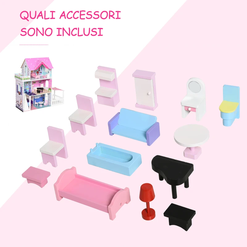 HOMCOM Casa delle Bambole in Legno, Casetta delle Bambole per Bambini a 3 Piani con 13 Accessori, Giocattolo per Bambini 3+ Anni