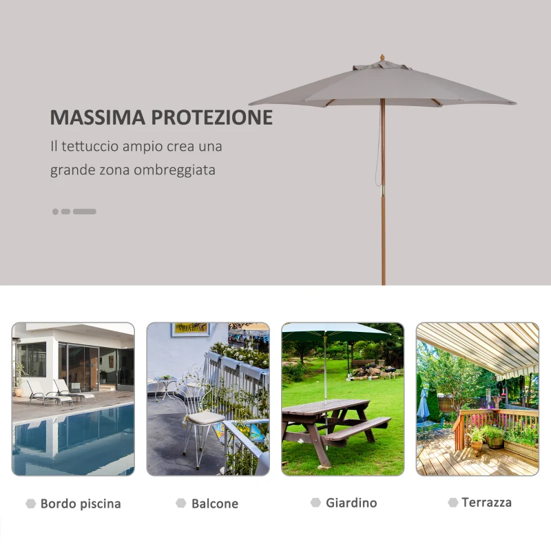 Outsunny Ombrellone da Giardino a 6 Stecche in Legno e Tessuto Poliestere, 2.5x2.3m, Grigio