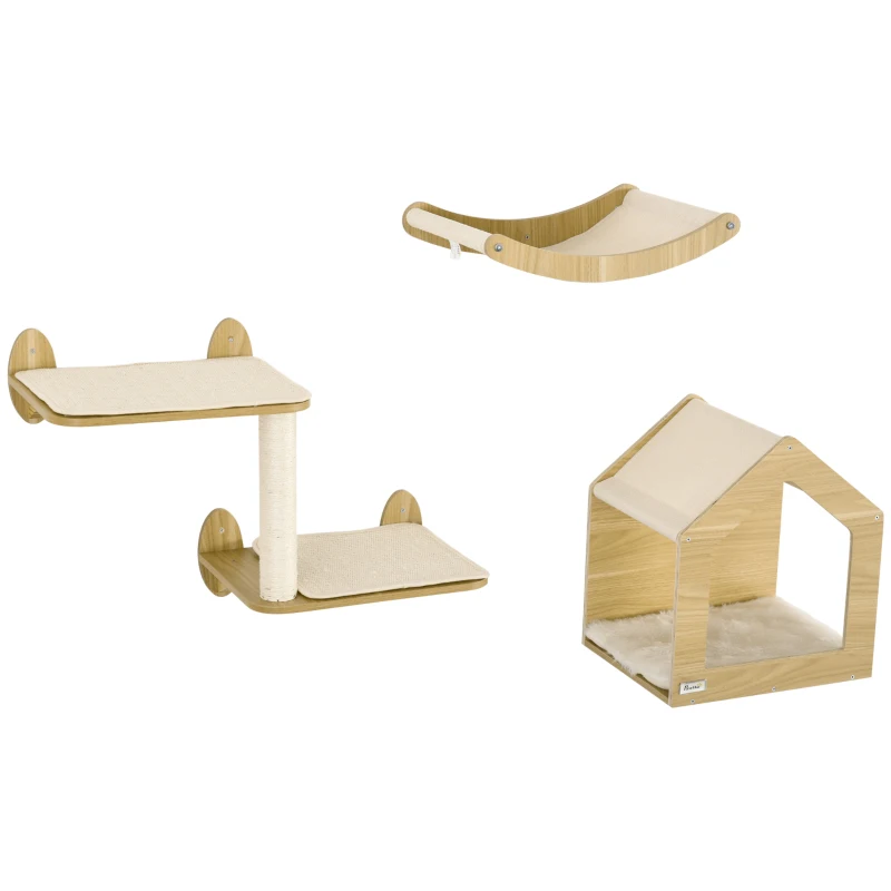 PawHut Juego de Escalada para Gatos de 3 Piezas Set de Pared con Estantes Cama  Hamaca y Poste de Sisal Color Roble