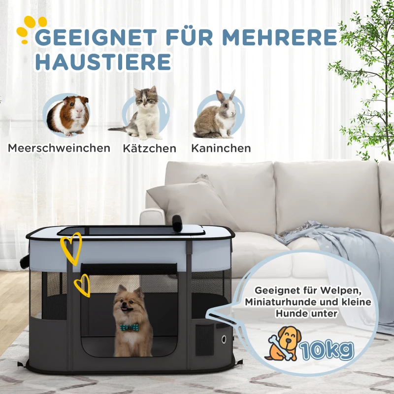 PawHut Spielgehege für Haustiere, faltbar, mit Aufbewahrungstasche, für Welpen und Kätzchen, drinnen und draußen, Grau(m-4)