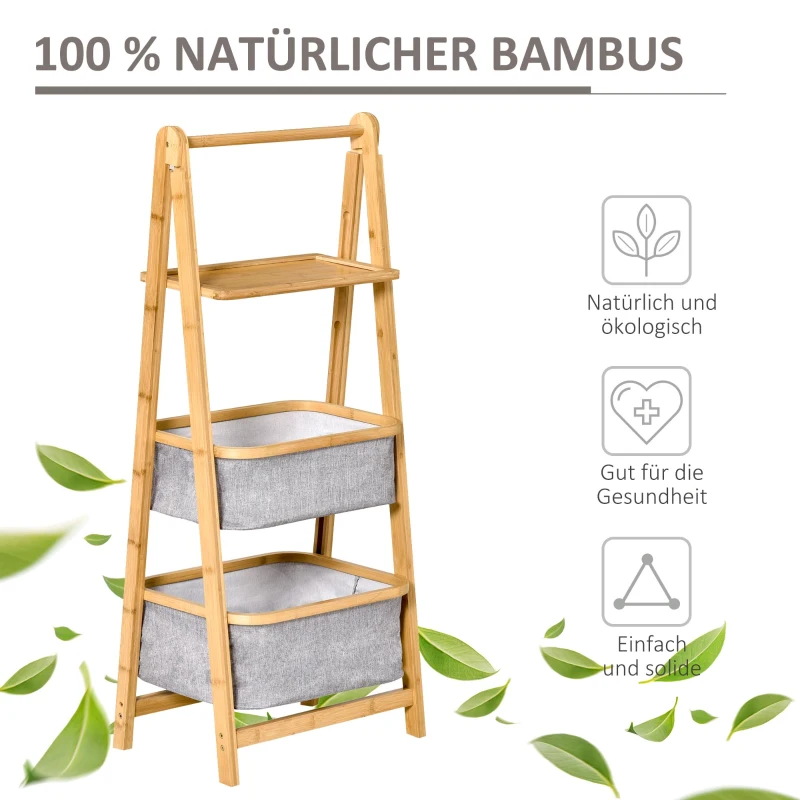 HOMCOM Standregal Badezimmerregal Bambusregal 3-stufiges Büroregal Lagerregal Aktenregal Küchenregal faltbar Perfekt für das Wohnzimmer Küche Bad Büro Bambus Polyester Natur+Grau 44,5x33x108 cm