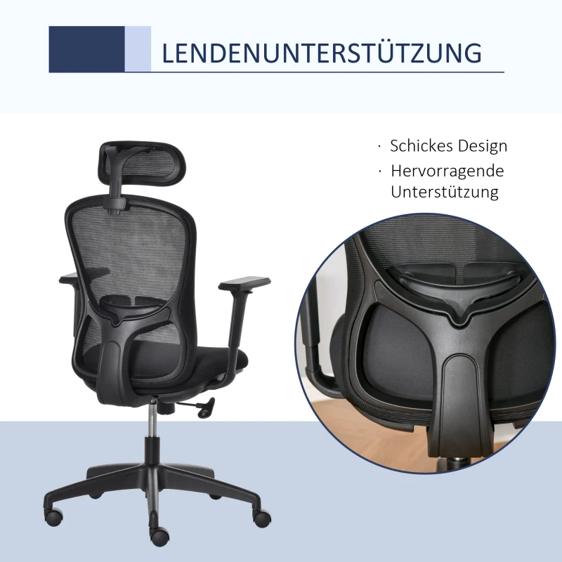 Vinsetto Bürostuhl mit Wippenfunktion Kopflehne Home-Office-Stuhl höhenverstellbarer Schreibtischstuhl ergonomisch 360°-Drehräder Schaumstoff Nylon Schwarz 64 x 64 x 100-109,5 cm