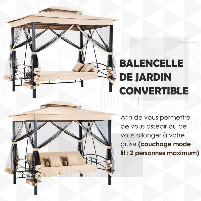 Outsunny Balancelle de Jardin 3 Places Convertible Style Colonial Grand Confort 5 Coussins + Matelas + moustiquaires Inclus 2,56L x 1,72l x 2,48H m Marron Clair