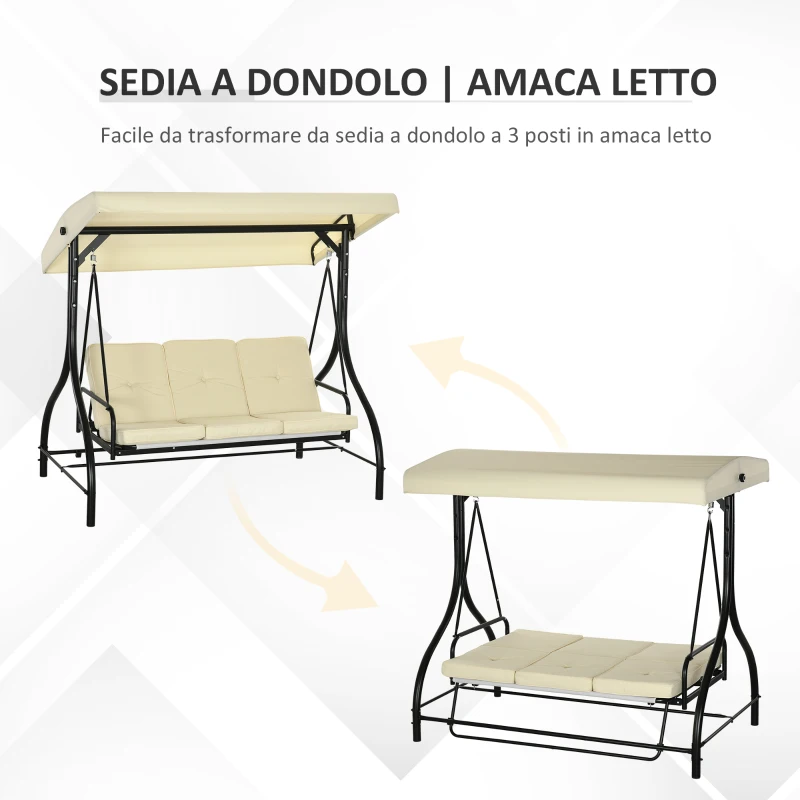 Outsunny Dondolo da Giardino 3 Posti con Tettuccio Regolabile, in Metallo e tessuto Teslin, Beige e Nero