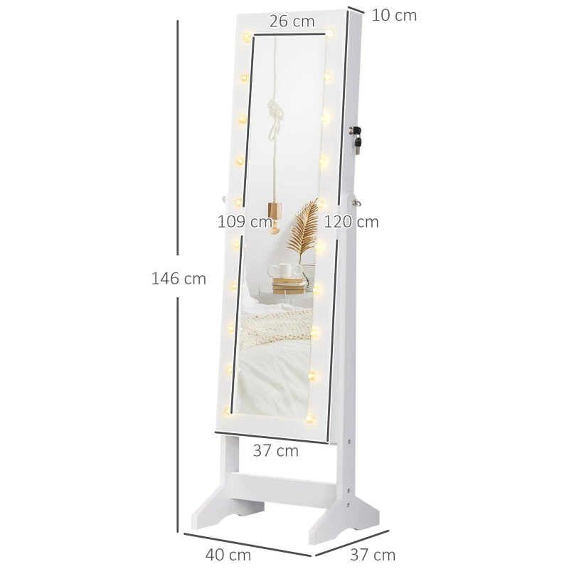 HOMCOM Espejo Joyero con 20 Luces LED Armario Joyero Reclinable con Guardajoyas Anillos Pendientes Collares 40x37x146 cm Blanco(m-3)