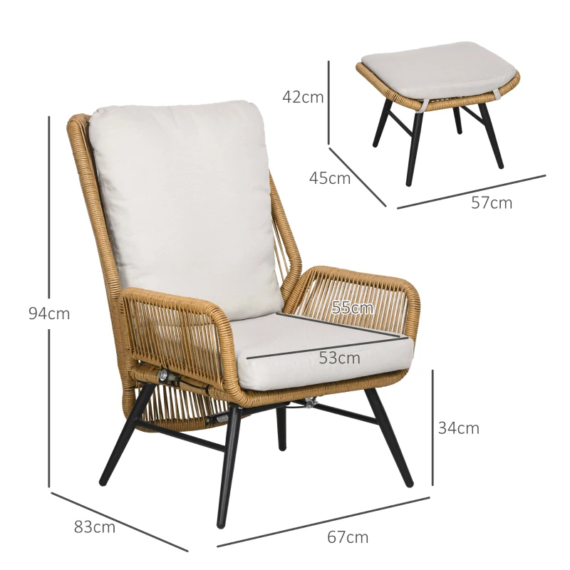 Outsunny Polyrattan Gartenstuhl und Hocker, verstellbare Lehne, Hellbraun/Grau/Schwarz(m-3)