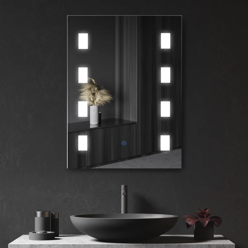 kleankin Espejo de Baño con Luz LED con Función de Antivaho Marco de Aluminio e Interruptor Táctil 70x50 cm Plata