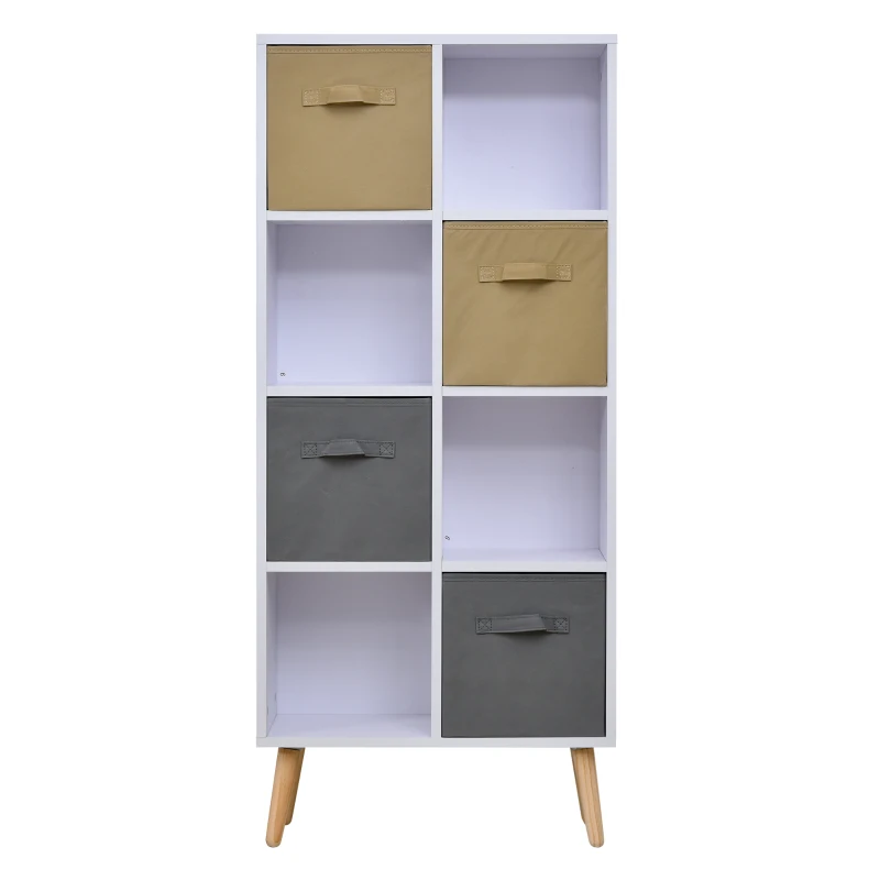 HOMCOM Biblliothèque étagère scandinave 4 niches 4 paniers tissu kaki gris pieds effilés bois pin panneaux particules blanc
