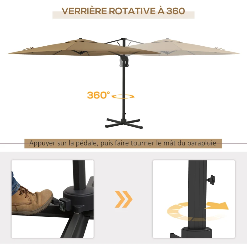 Outsunny Parasol déporté parasol de terrasse carré rotatif à 360° mécanisme hydraulique base croisée et mât en aluminium kaki