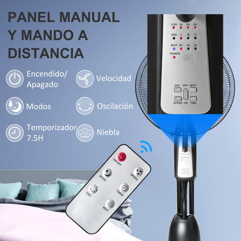 HOMCOM Ventilador Nebulizador Ventilador con Agua Oscilante 90W Control Remoto 3 Modos 3 Velocidades Temporizador Ø44,5x120 cm Negro