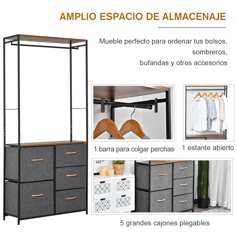 Armario Ropero Abierto Almacenaje Hecho de Metal Plegable con 5 Cajones Extraíbles Apto para Salón Oficina Dormitorio Estudio con Barra para Colgar Estilo Moderno Negra Gris 83x28x175cm