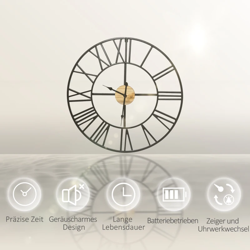 HOMCOM Wanduhr Vintage-Design 60 cm Durchmesser, mit römischen Zahlen, geräuschlos 60 cm x 60 cm x 4 cm Schwarz Natur