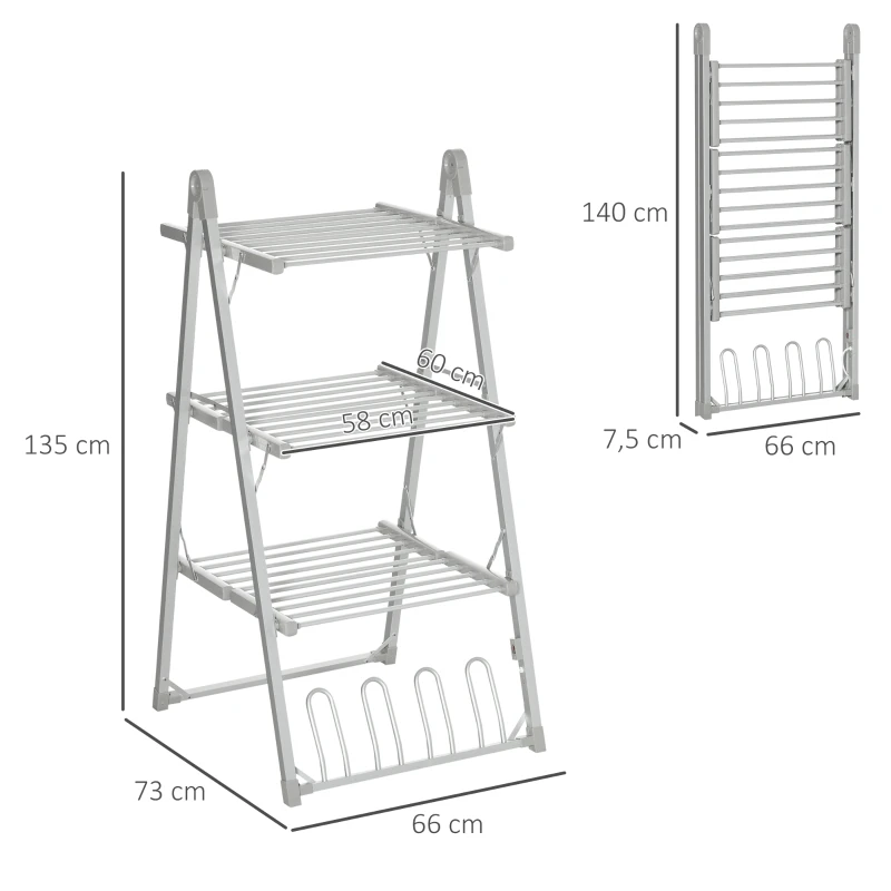 HOMCOM Tendedero Eléctrico Plegable de 3 Niveles Secador de Ropa y Zapatos de Aleación de Aluminio 66x73x135 cm Plata