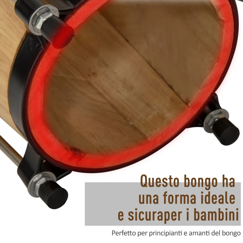 HOMCOM Bongo Professionale in Legno e Pelle con 2 Tamburi Φ20cm e Φ18cm, Borsa di Trasporto Nera Inclusa