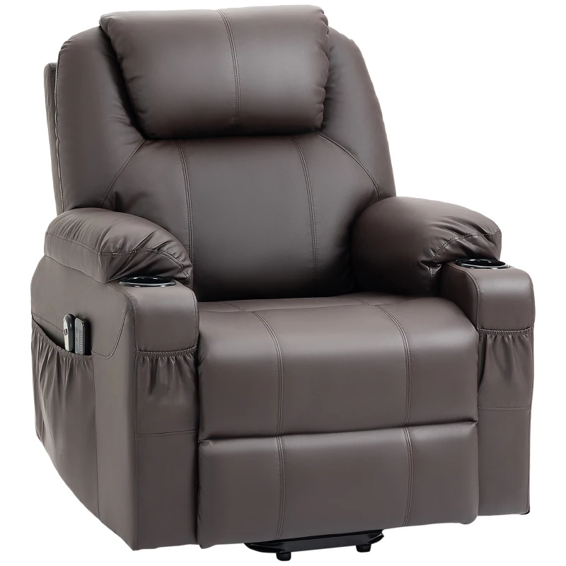 HOMCOM Poltrona Alzapersona Reclinabile fino a 135° con Portabicchieri, Telecomando e Poggiapiedi 88x92x106 cm, Marrone