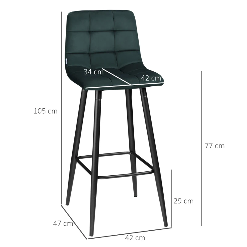 HOMCOM Lot de 2 tabourets de bar design surface en velours capitonné et pieds en acier hauteur 77 cm vert foncé