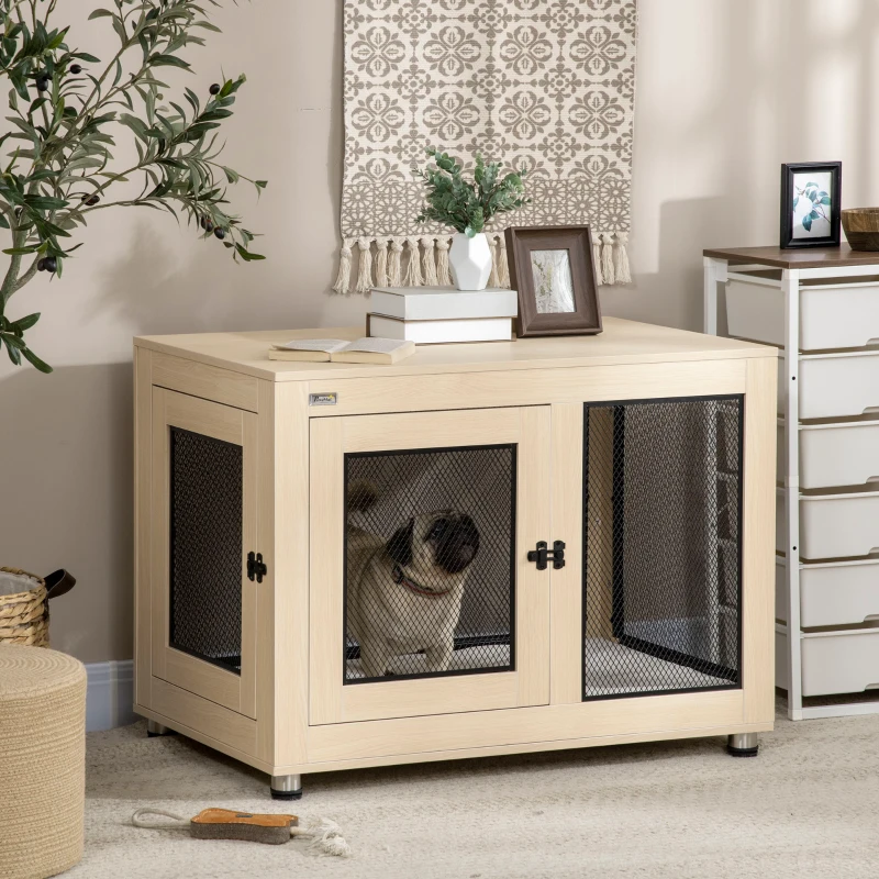 PawHut Jaula para Perros Grandes de Interior Mesa Auxiliar con 2 Puertas con Pestillo y Cojín 94x60x71,5 cm Roble