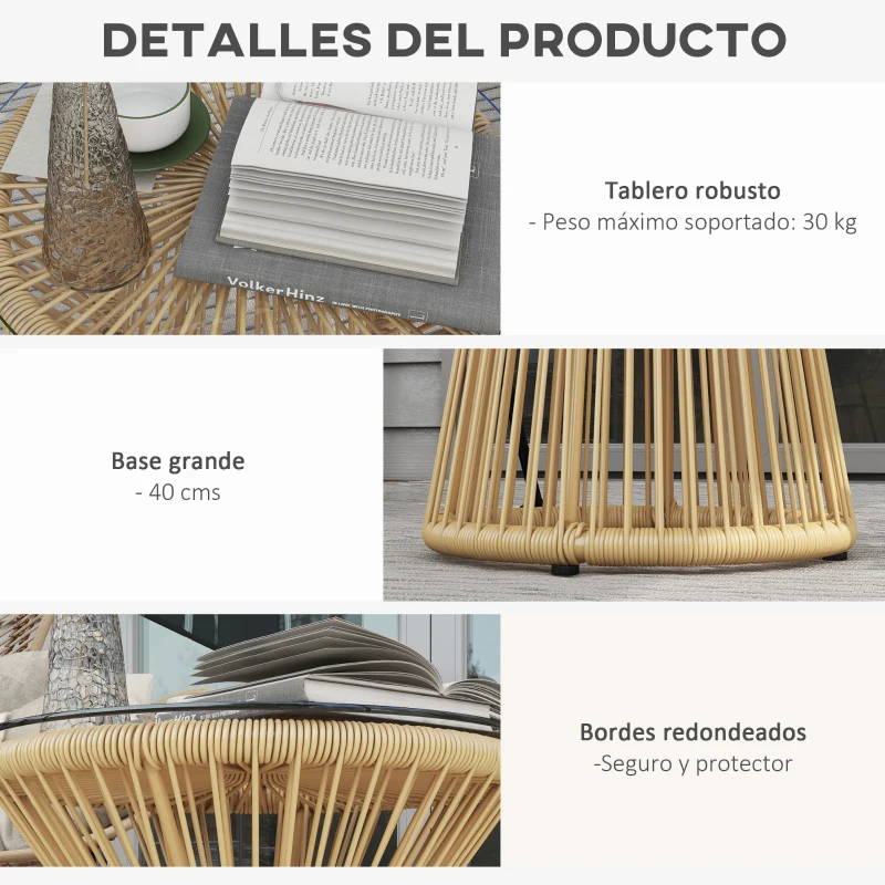 Outsunny Mesa de Ratán Sintético Redonda con Encimera de Cristal y Marco de Metal Carga 30 kg para Patio Jardín Ø40x42 cm Beige
