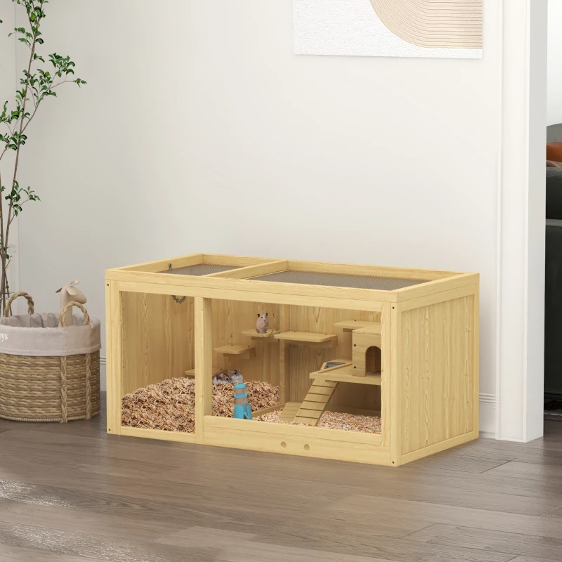 PawHut Wooden Hamster Cage with Water Bottle, Platforms, Openable Roof, Sliding Tray, Hut, Seesaws, Natural Wood Finish
