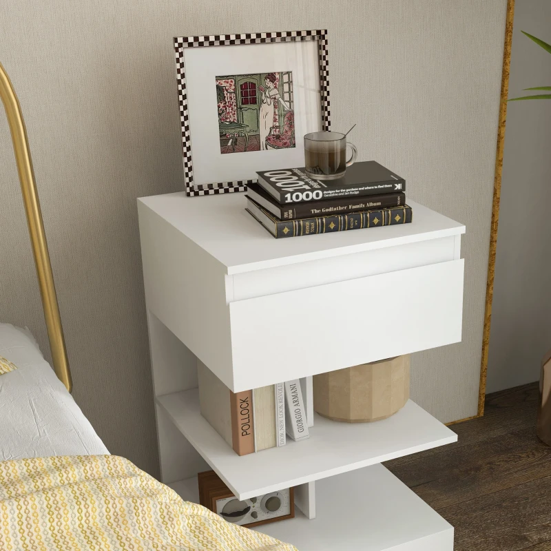 HOMCOM Mesilla de Noche con Cajón y 2 Estantes Abiertas para Dormitorio Salón Cama Oficina Estilo Moderno 39x39x65 cm Blanco