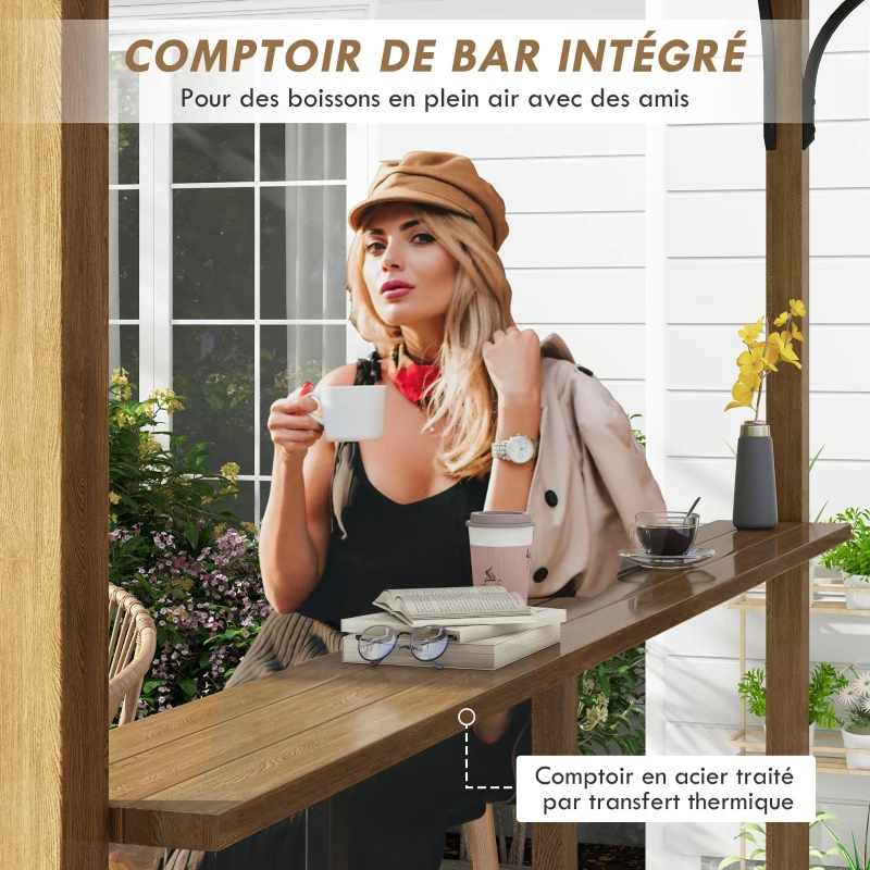 Outsunny Pergola tonnelle de jardin avec comptoir toit en forme d'arche - cadre en aluminium et acier dim. 4L x 2,6l x 2,4H m
