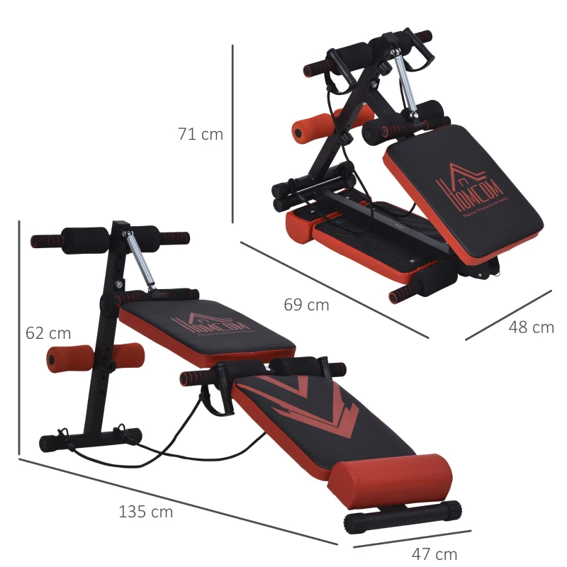 HOMCOM Banc de musculation pliable appareil à abdo hauteur réglable 135L x 48l x 61-68H cm 2 bandes de résistances + ressort central traction acier noir rouge