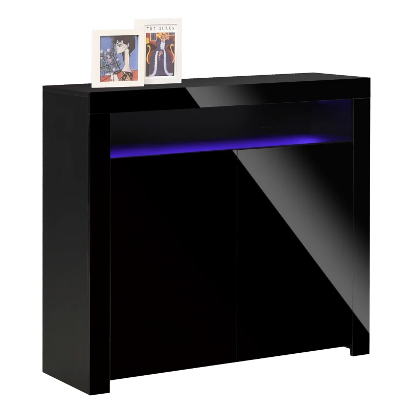 HOMCOM LED Storage Cabinet, Cupboard with High Gloss Front and RGB Lighting, Modern Sideboard for Entryway, Dining Area, Living Room, Black