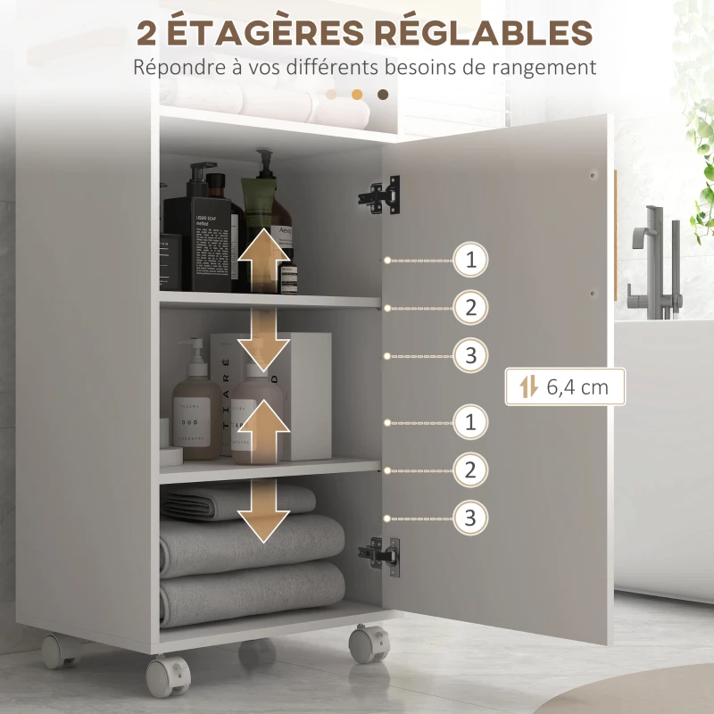kleankin Meuble de salle de bain sur roulettes 2 étagères réglables plateau amovible 40 x 30 x 88 cm blanc naturel