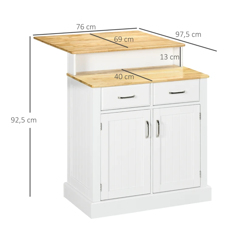 HOMCOM Desserte îlot de cuisine 3 placards étagères réglables 2 plans de travail en bois 2 tiroirs 76 x 97,5 x 92,5 cm blanc