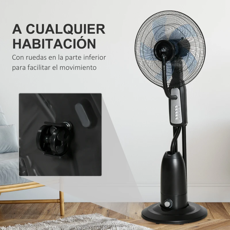 HOMCOM Ventilador Nebulizador 90W de Pie Oscilante y Silencioso con 3 Velocidad y 5 Aspas Ruedas Tanque de 2,8 L Ø44,5x120 cm Negro