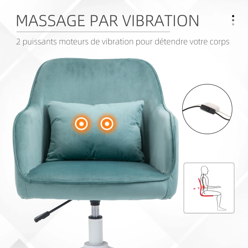 HOMCOM Chaise de bureau velours fauteuil bureau massant coussin lombaire intégré hauteur réglable pivotante 360° vert