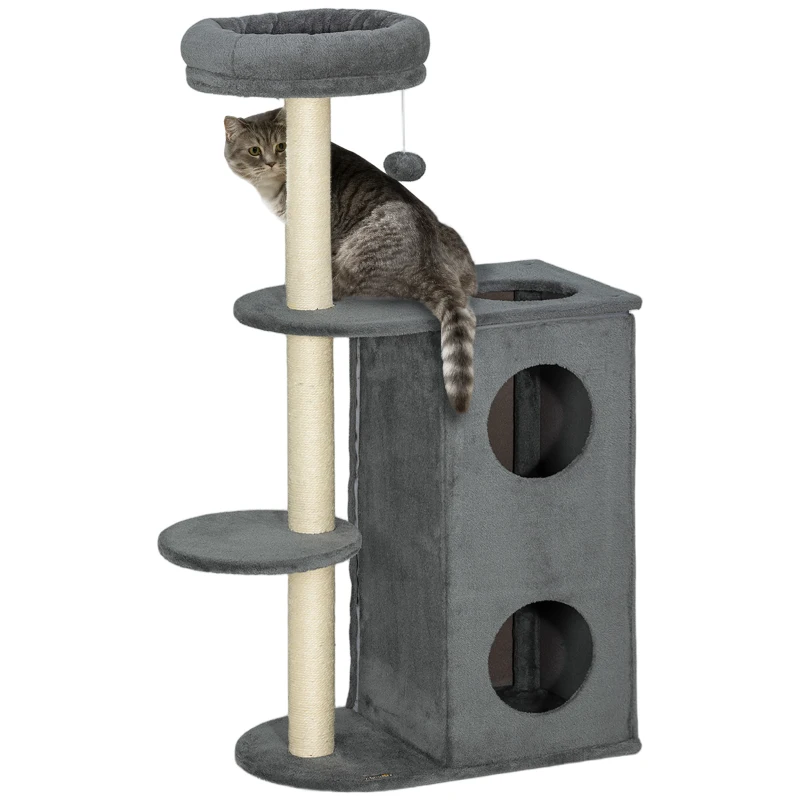 PawHut Katzenbaum für den Innenbereich, 111 cm, Kratzbaum mit Katzenbett, Sisal-Kratzpfosten, Spielball, Sprungplattform, Grau