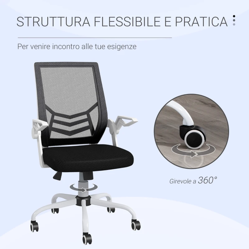 Vinsetto Sedia da Ufficio Ergonomica ad Altezza Regolabile, in Tessuto Effetto Lino, 62.5x55x94-104 cm, Bianco e Nero