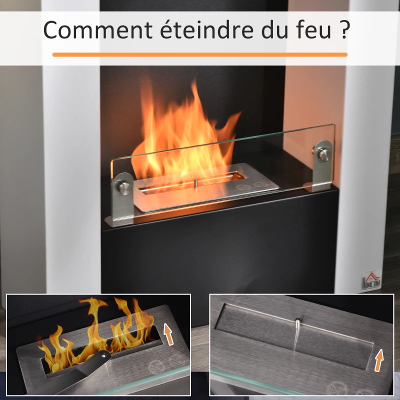 HOMCOM Cheminée bioéthanol brûleur 1,5 L avec plateau de rangement en verre trempé, 3 h de durée de combustion, Dims. 60*20*79cm, Contrôle de Flamme et Crochet Inclus - Acier Noir et Blanc