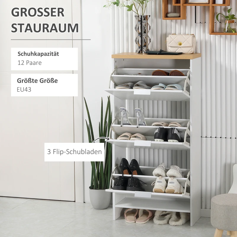 HOMCOM Schuhschrank mit 3 Kippfächern, 12 Paar Schuhe, verstellbare Einlegeböden, Natur + Weiß