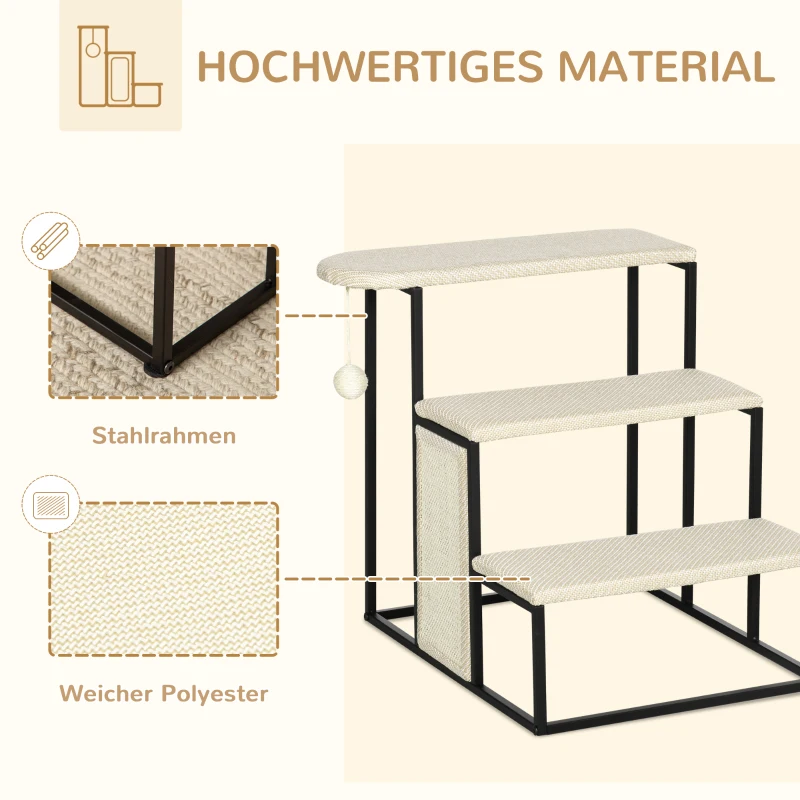 PawHut Katzentreppe, mit Kratzbrett, 3 Stufen, Spielball, robust, Stahl+Sisal, cremeweiß+schwarz, 51 x 54 x 53cm