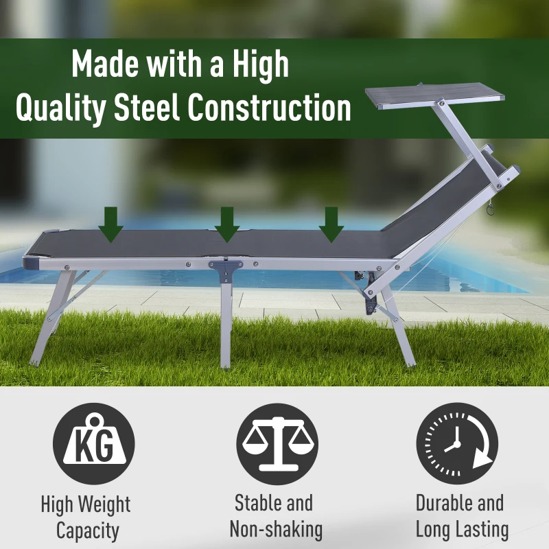 Outsunny Aluminium Foldable Sun Lounger, Outdoor Adjustable Backrest Reclining Chaise Lounge Chair with Sun Roof, Grey