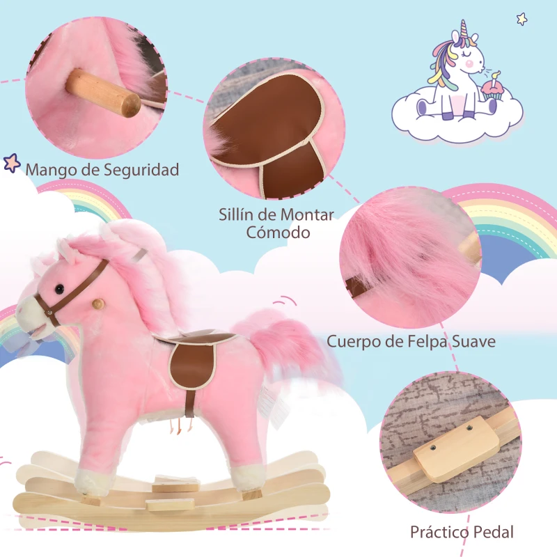 HOMCOM Juguete Balancín de Felpa Suave con Música Relinchos Sonidos de Galope Boca y Cola Móviles 65x32,5x61 cm Rosa(m-6)