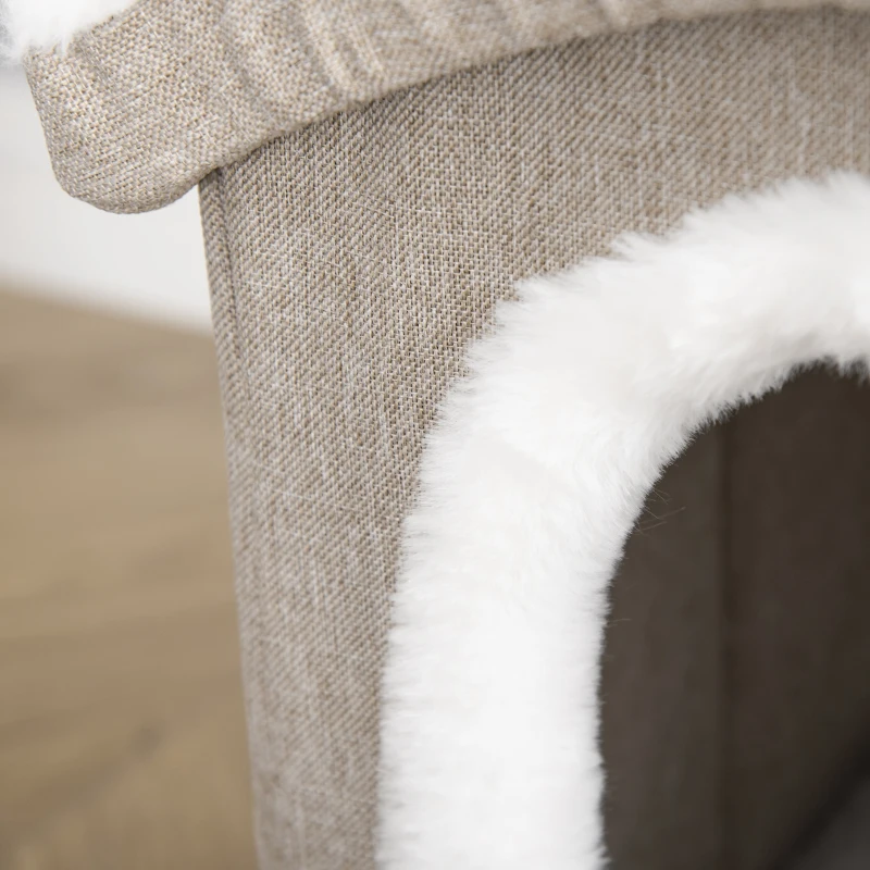 PawHut Casa Plegable para Gatos Interior Cueva para Gatos Grande con Tapa Extraíble Cojines 2 Entradas y Ventana Taburete para Gatos 63,5x37x40 cm Beige