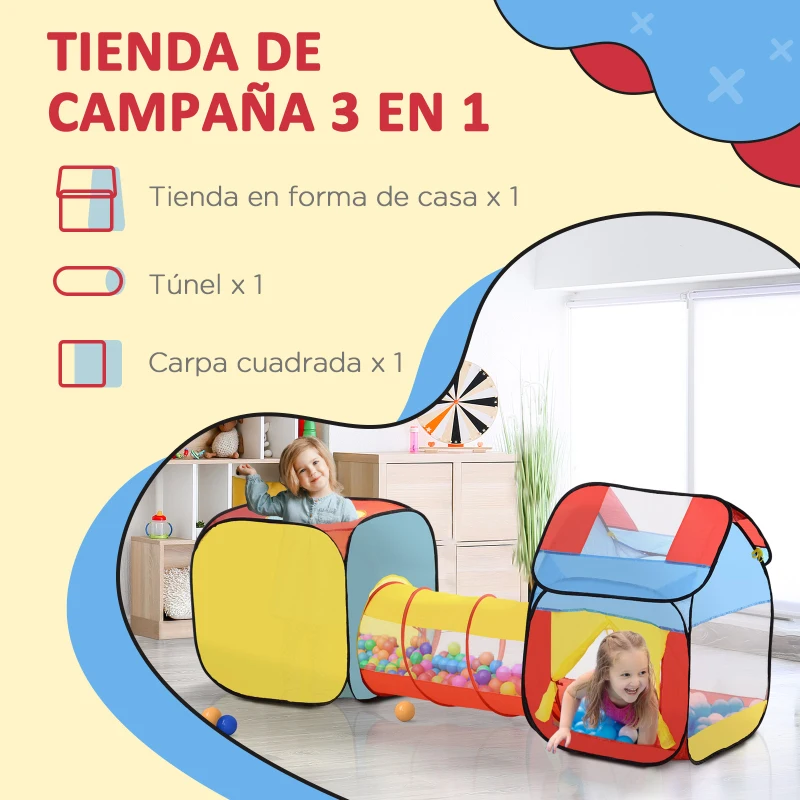 HOMCOM 3 en 1 Casa de Juegos Infantil Tienda de Campaña para Niños Mayores de 3 Años Plegable con 2 Casita Tela Túnel Ventanas de Ventilación 230x70x89 cm Multicolor