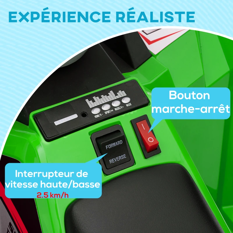 HOMCOM Quad électrique pour enfants véhicule à batterie 6V avec marche avant et arrière 70L x 41,5l x 48,5H cm Vert