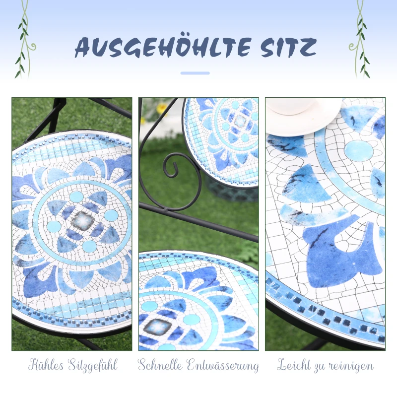 Outsunny Ø 61 cm Garten Sitzgruppe für 2 Personen Bistro-Set Garnitur 1 Tisch+2 faltbare Stühle Stahl Blau
