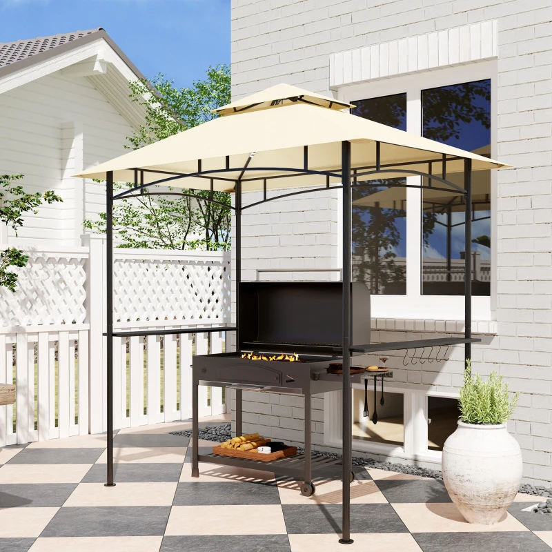 Outsunny 8' x 5' Grill Gazebo, Double Tiered BBQ Gazebo Shelter Canopy with LED Lights, 2 Side Shelves, Hooks, Beige
